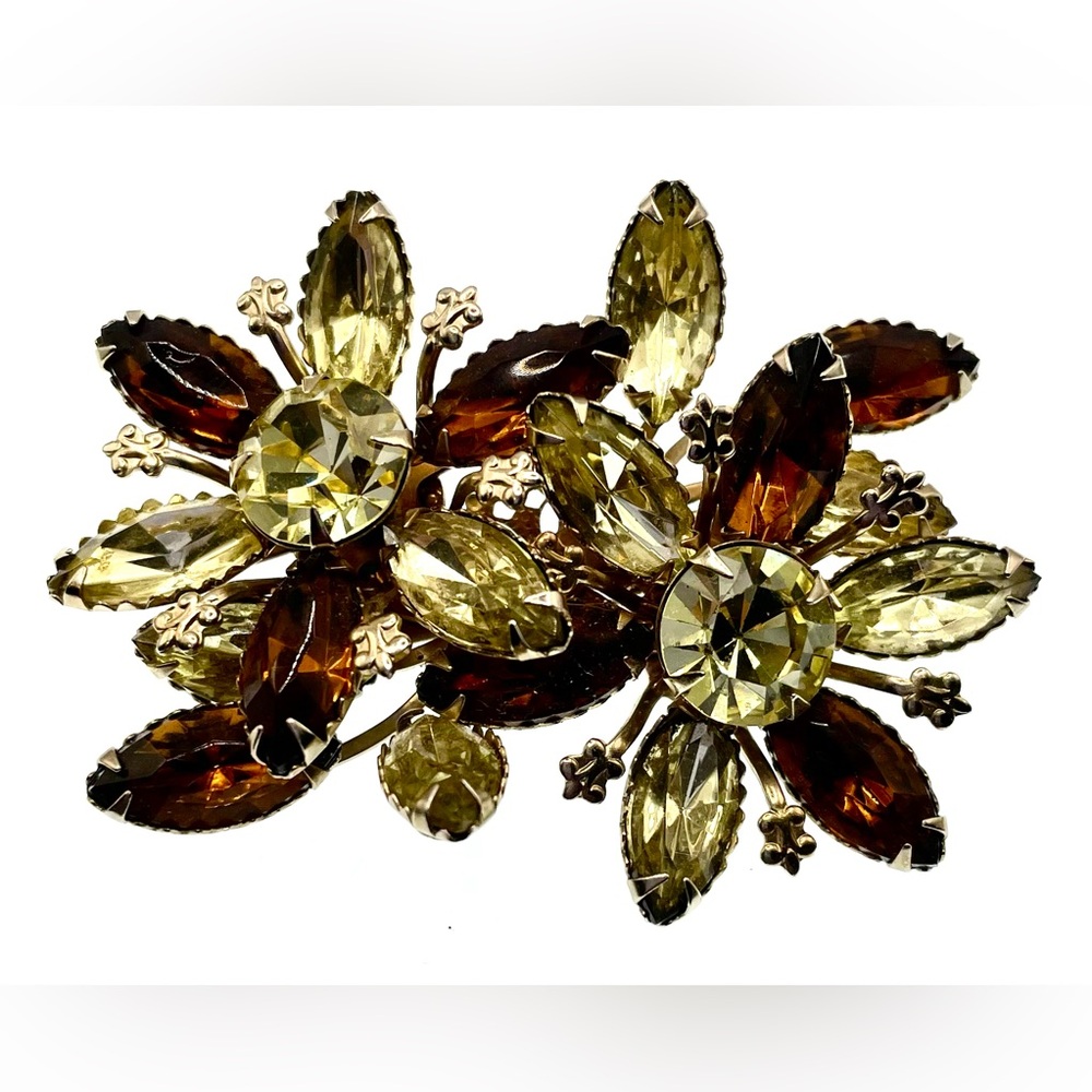 Vintage Uranium Glass Gold Tone Floral Brooch Pin Uranium Yellow Topaz Crystals